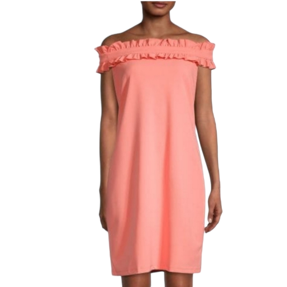 Marina Off Shoulder Ruffle Coral Pencil Dress with Zippered Back Hook Closure, 8